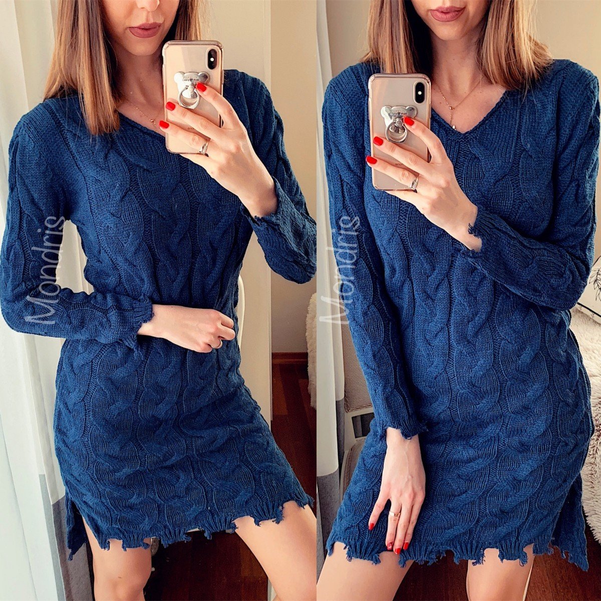 Rochie de zi ieftina din tricot bleumarin cu model cu rupturi